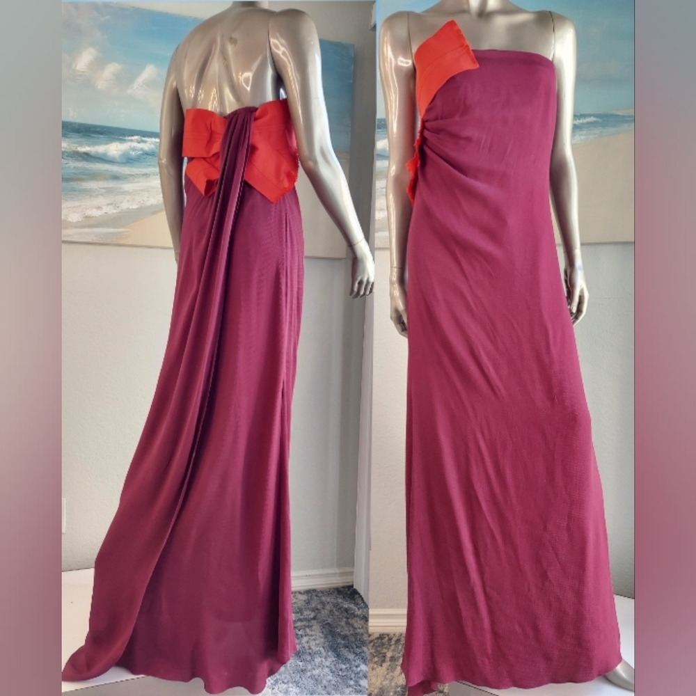 $5,200 CAROLINA HERRERA PURPLE RED COLORBLOCK BOW SILK GOWN US 12 - Picture 2 of 14
